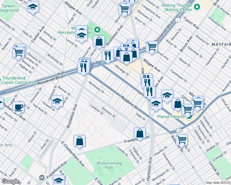 map of restaurants, bars, coffee shops, grocery stores, and more near Farnsworth Street in Philadelphia