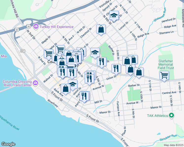 map of restaurants, bars, coffee shops, grocery stores, and more near 132 South 5th Street in Columbia