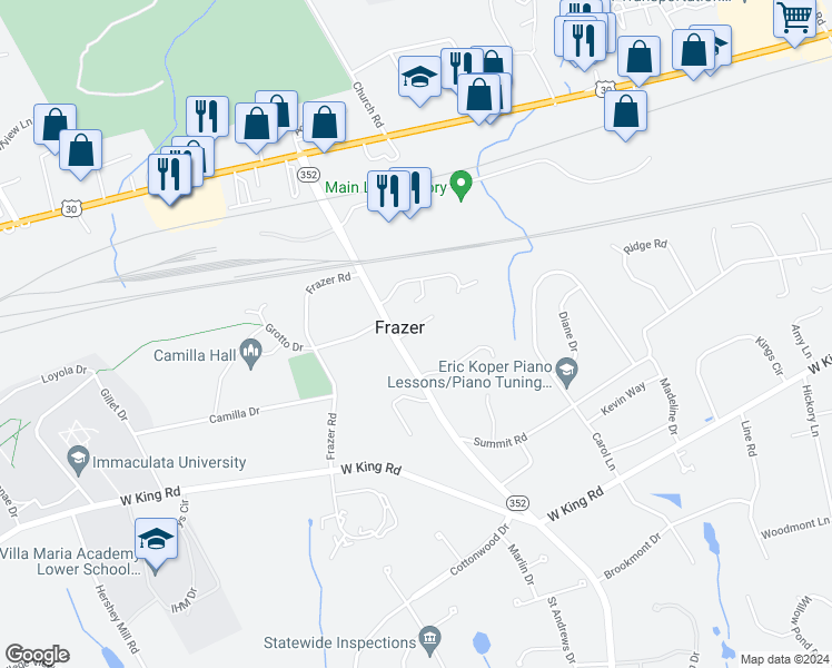 map of restaurants, bars, coffee shops, grocery stores, and more near 71 Rosemont Avenue in Malvern