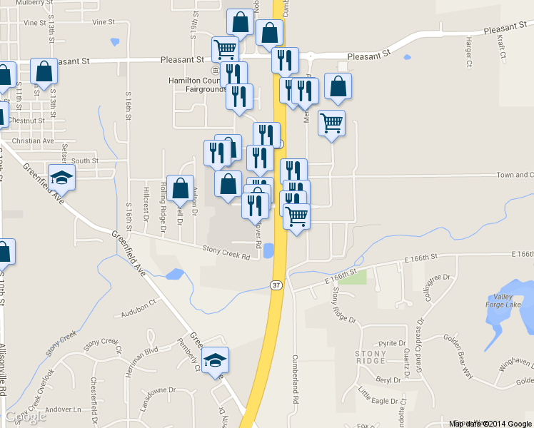 map of restaurants, bars, coffee shops, grocery stores, and more near 16732 Clover Rd in Noblesville