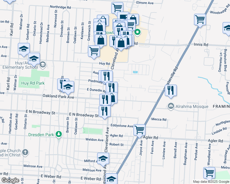 map of restaurants, bars, coffee shops, grocery stores, and more near 3170 Cleveland Avenue in Columbus