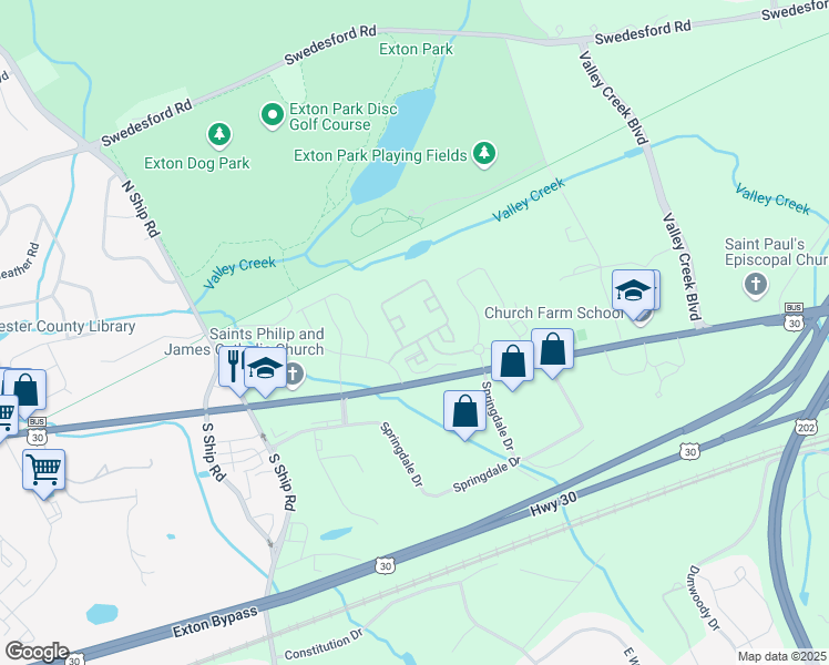 map of restaurants, bars, coffee shops, grocery stores, and more near 721 E Lincoln Hwy in Exton