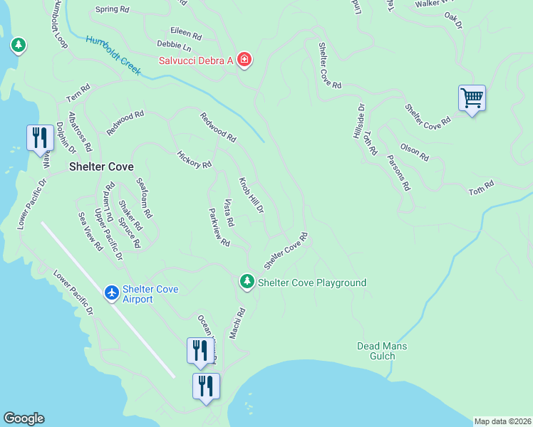 map of restaurants, bars, coffee shops, grocery stores, and more near 257 Nob Hill Road in Whitethorn