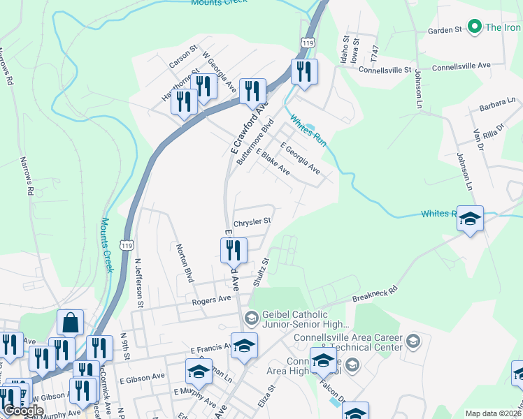 map of restaurants, bars, coffee shops, grocery stores, and more near 110 Plymouth Street in Connellsville