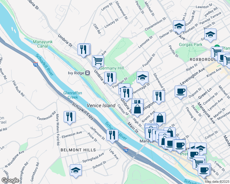 map of restaurants, bars, coffee shops, grocery stores, and more near 4729 Umbria Street in Philadelphia
