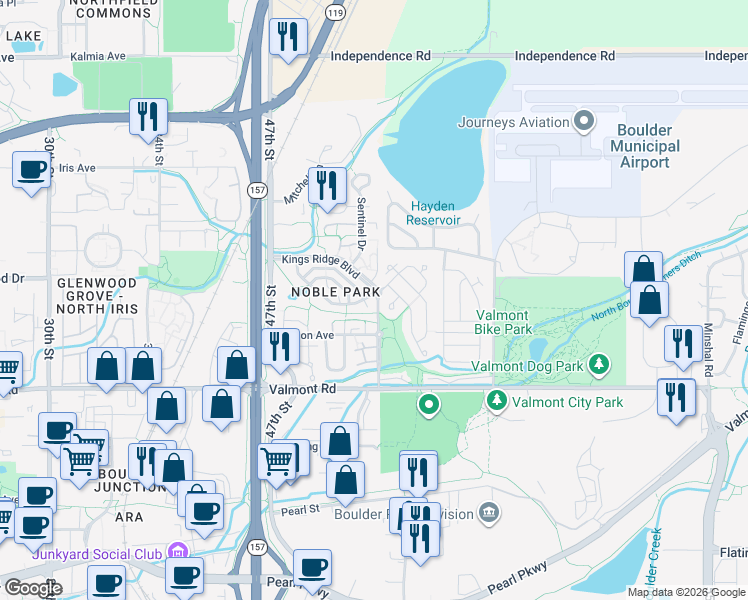map of restaurants, bars, coffee shops, grocery stores, and more near 4888 Franklin Drive in Boulder