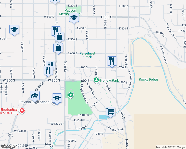 map of restaurants, bars, coffee shops, grocery stores, and more near 304 Jay Lane in Payson