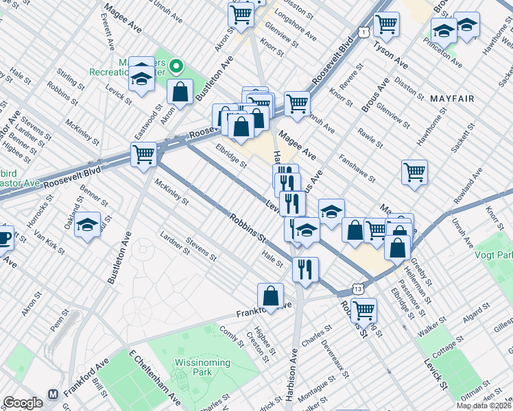 map of restaurants, bars, coffee shops, grocery stores, and more near 6353 Cardiff Street in Philadelphia