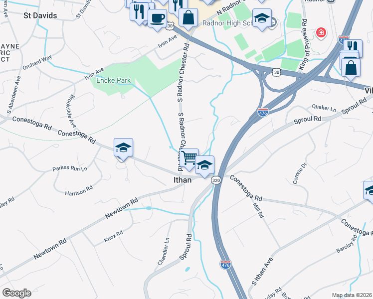 map of restaurants, bars, coffee shops, grocery stores, and more near 333 South Radnor Chester Road in Villanova