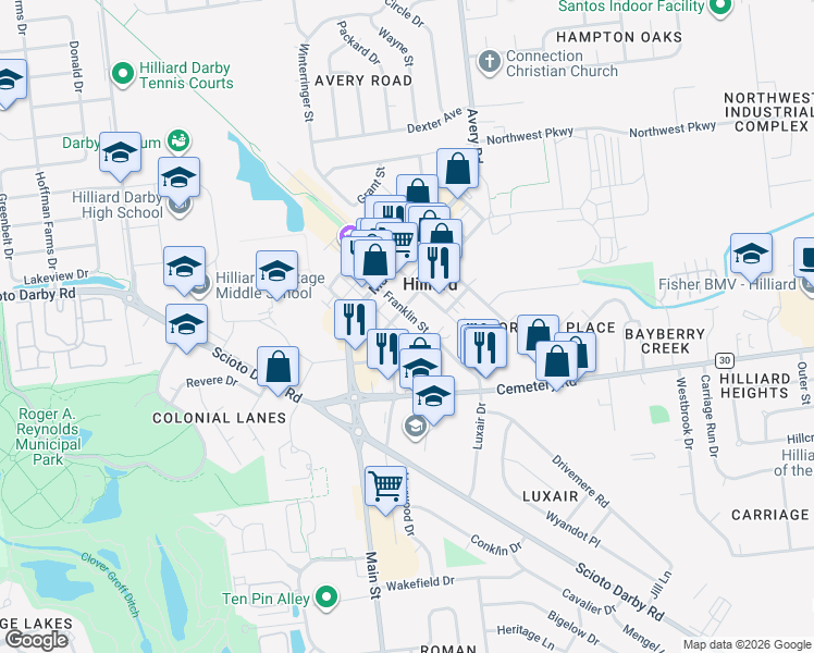map of restaurants, bars, coffee shops, grocery stores, and more near 5301 Franklin Street in Hilliard