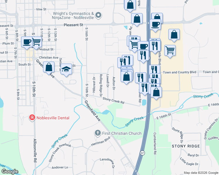 map of restaurants, bars, coffee shops, grocery stores, and more near 16714 Lowell Drive in Noblesville