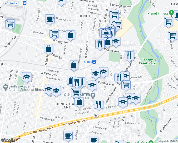 map of restaurants, bars, coffee shops, grocery stores, and more near 130 West Tabor Road in Philadelphia