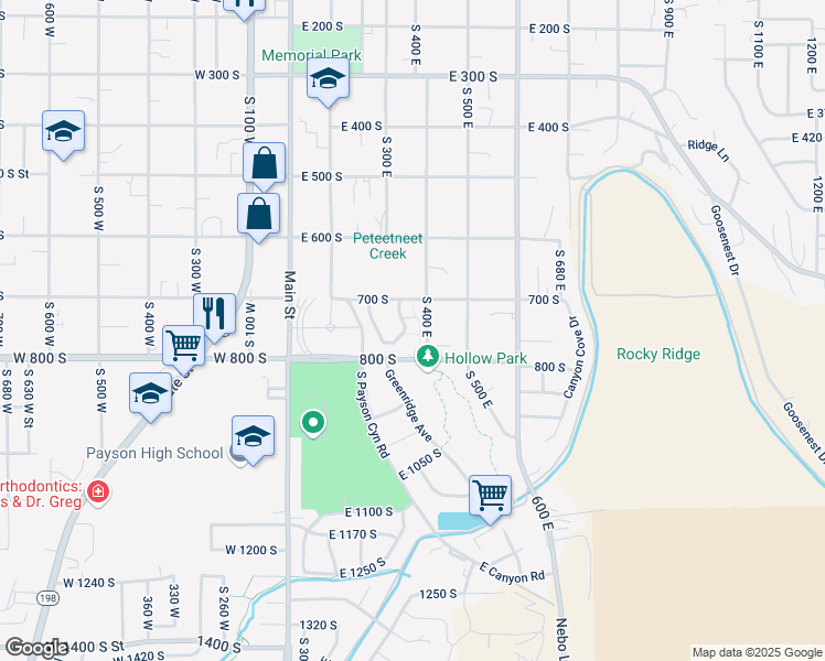 map of restaurants, bars, coffee shops, grocery stores, and more near 304 Jay Lane in Payson