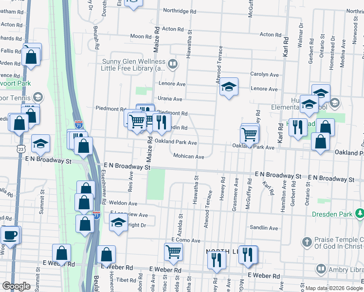 map of restaurants, bars, coffee shops, grocery stores, and more near 3250 Osceola Drive in Columbus
