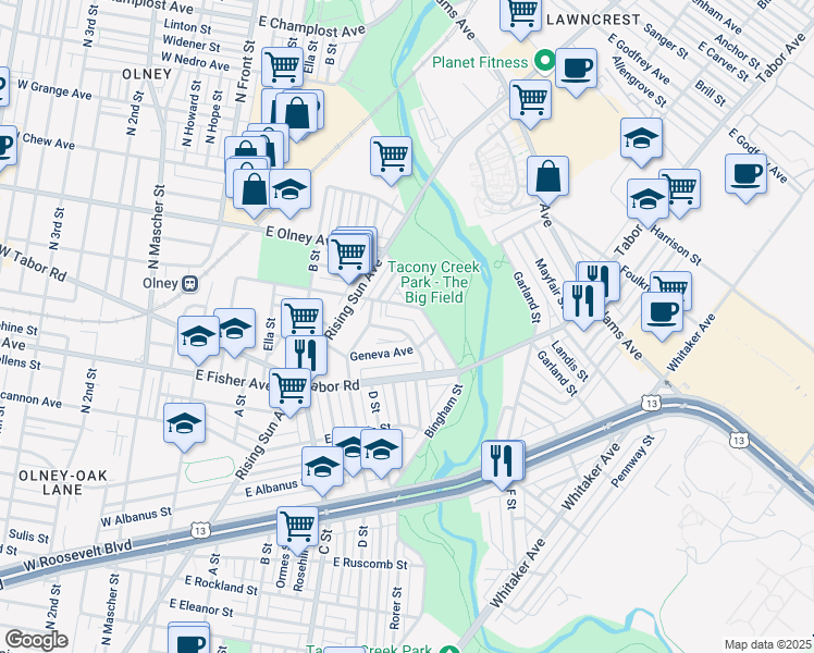 map of restaurants, bars, coffee shops, grocery stores, and more near 551 Marwood Road in Philadelphia