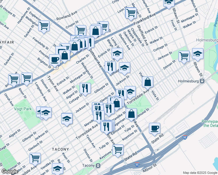map of restaurants, bars, coffee shops, grocery stores, and more near 7236 Jackson Street in Philadelphia