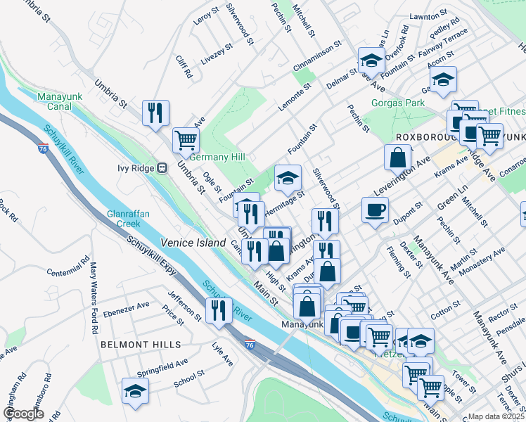 map of restaurants, bars, coffee shops, grocery stores, and more near 212 Hermitage Street in Philadelphia