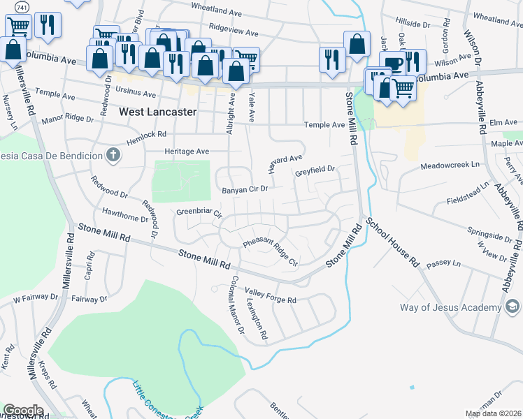 map of restaurants, bars, coffee shops, grocery stores, and more near 203 Bridlewood Court South in Lancaster