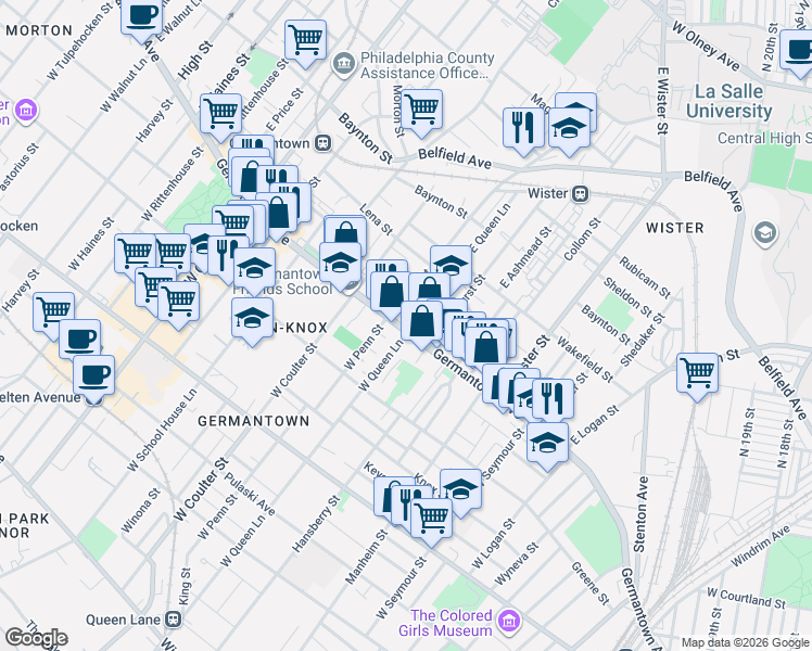 map of restaurants, bars, coffee shops, grocery stores, and more near 5269 Germantown Avenue in Philadelphia