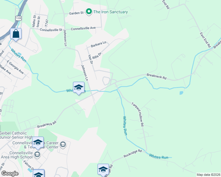 map of restaurants, bars, coffee shops, grocery stores, and more near 420 Breakneck Road in Connellsville