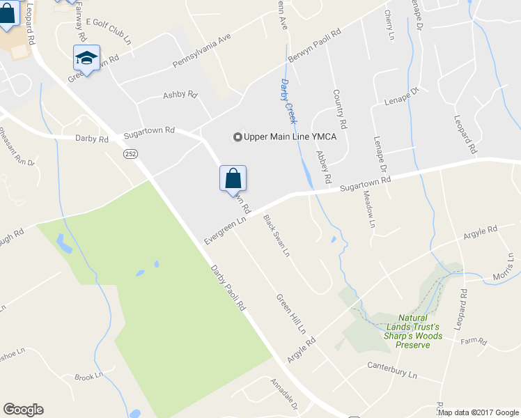 map of restaurants, bars, coffee shops, grocery stores, and more near 1439 Sugartown Road in Berwyn