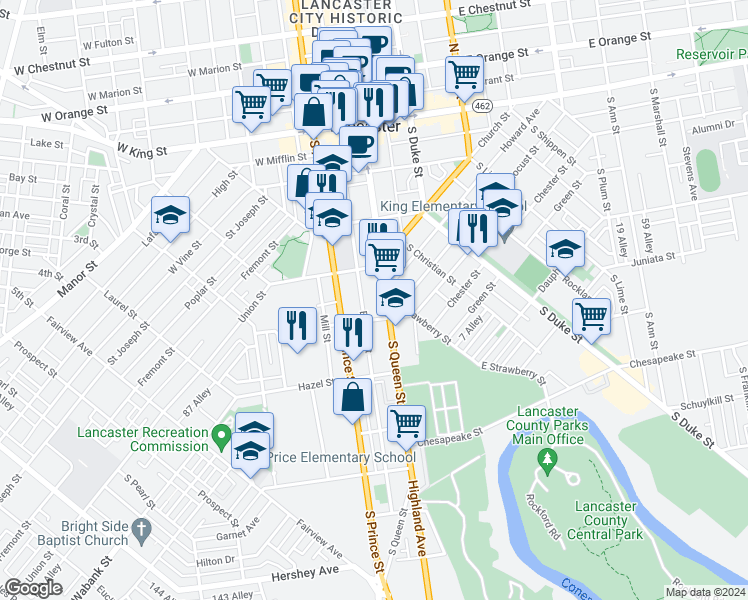map of restaurants, bars, coffee shops, grocery stores, and more near 344 South Queen Street in Lancaster