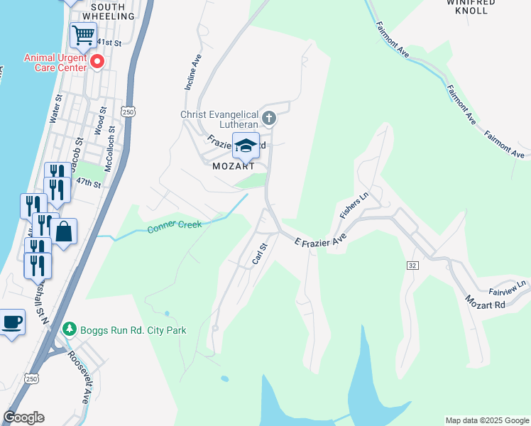 map of restaurants, bars, coffee shops, grocery stores, and more near 39 South Frazier Avenue in Wheeling