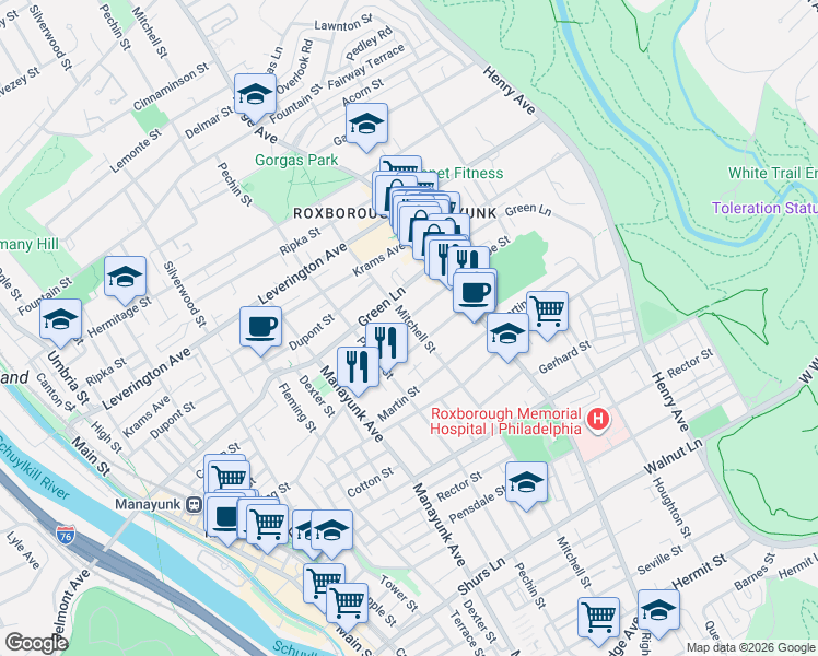 map of restaurants, bars, coffee shops, grocery stores, and more near 4448 Mitchell Street in Philadelphia