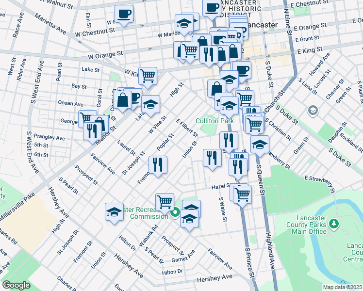 map of restaurants, bars, coffee shops, grocery stores, and more near 309 New Dorwart Street in Lancaster