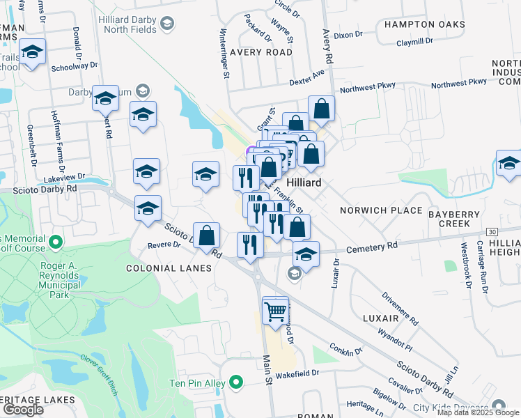 map of restaurants, bars, coffee shops, grocery stores, and more near 5401 Madison Street in Hilliard