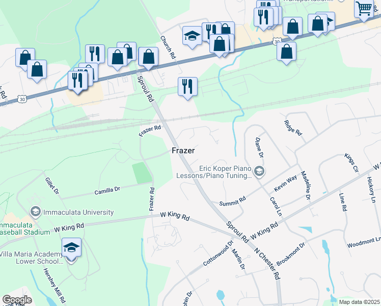 map of restaurants, bars, coffee shops, grocery stores, and more near 71 Rosemont Avenue in Malvern