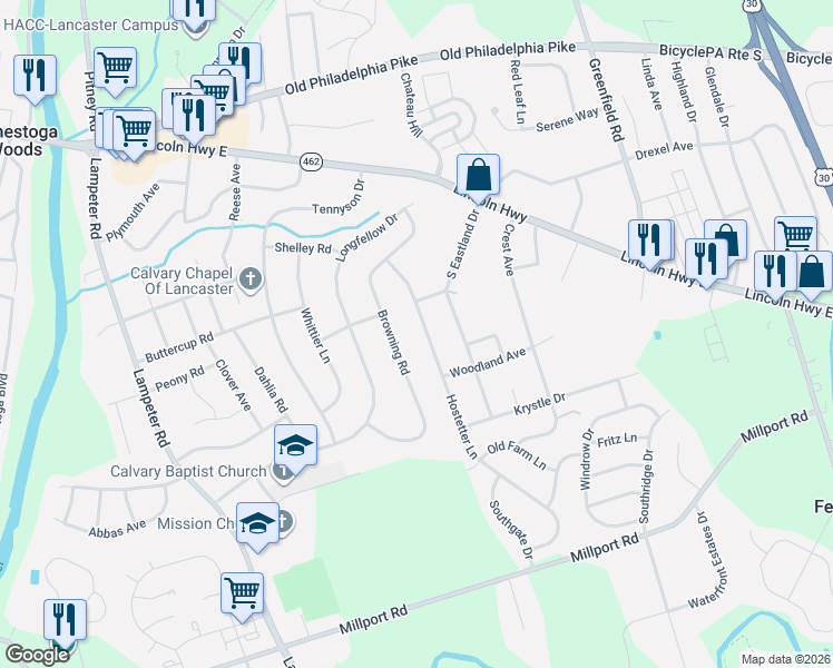 map of restaurants, bars, coffee shops, grocery stores, and more near 223 Browning Road in Lancaster