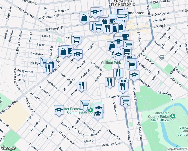 map of restaurants, bars, coffee shops, grocery stores, and more near 309 New Dorwart Street in Lancaster