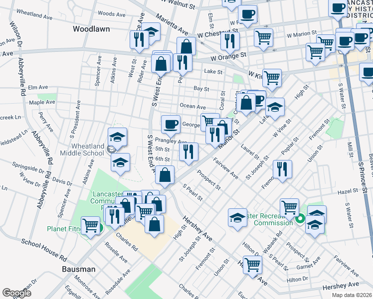 map of restaurants, bars, coffee shops, grocery stores, and more near 716 5th Street in Lancaster