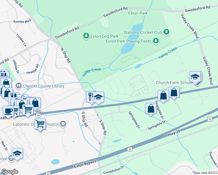 map of restaurants, bars, coffee shops, grocery stores, and more near 154 Livingston Lane in Exton