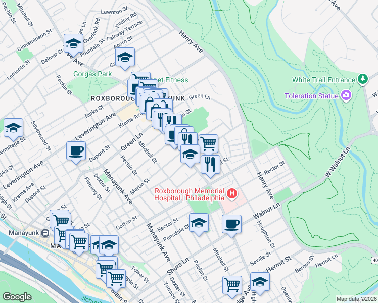 map of restaurants, bars, coffee shops, grocery stores, and more near 6001 Ridge Avenue in Philadelphia