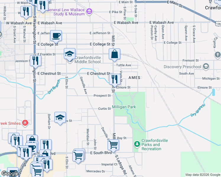 map of restaurants, bars, coffee shops, grocery stores, and more near 901 Mill Street in Crawfordsville