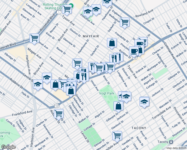 map of restaurants, bars, coffee shops, grocery stores, and more near 6716 Frankford Avenue in Philadelphia
