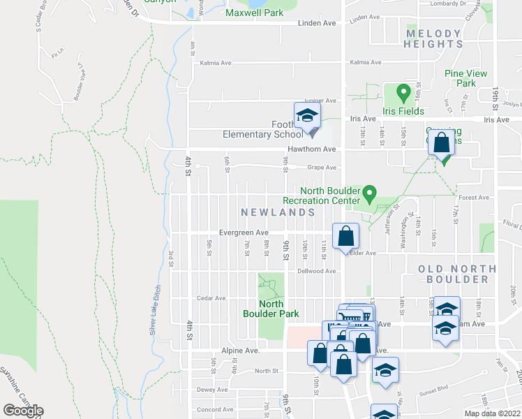 map of restaurants, bars, coffee shops, grocery stores, and more near 3150 8th Street in Boulder