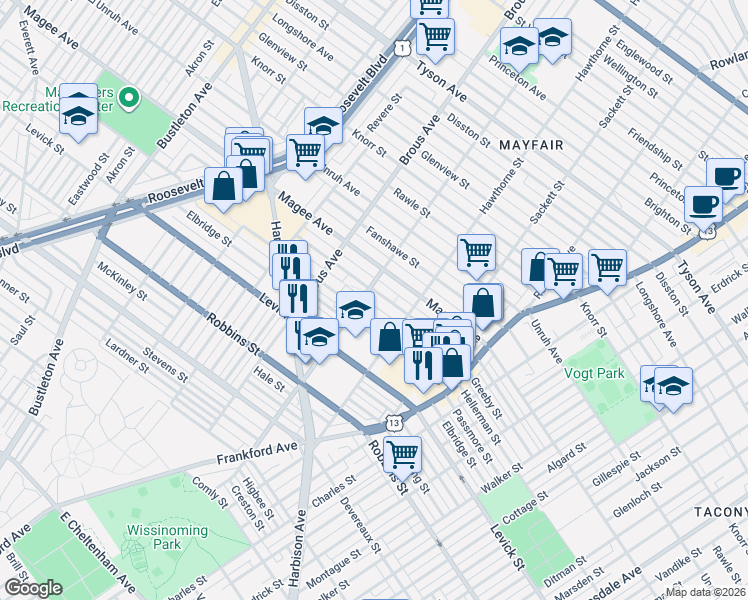 map of restaurants, bars, coffee shops, grocery stores, and more near 3007 Hellerman Street in Philadelphia