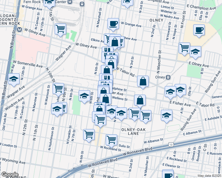 map of restaurants, bars, coffee shops, grocery stores, and more near 436 Delphine Street in Philadelphia
