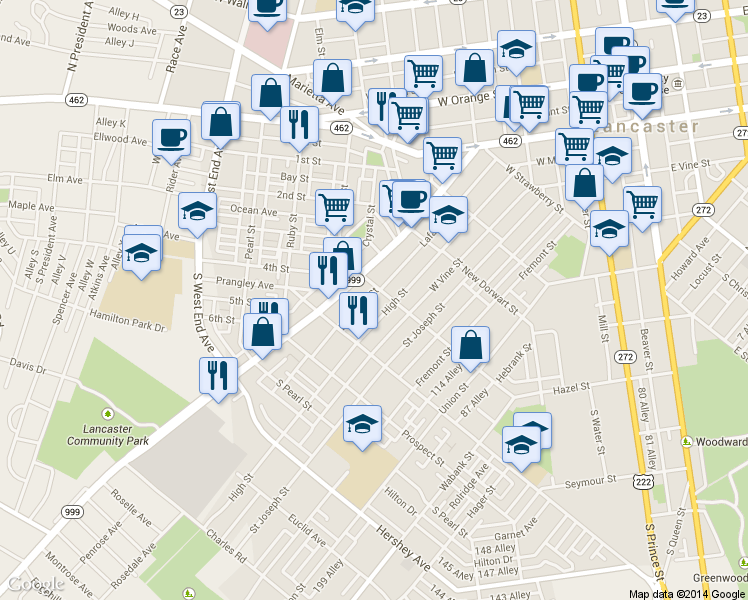 map of restaurants, bars, coffee shops, grocery stores, and more near 712 Lafayette St in Lancaster