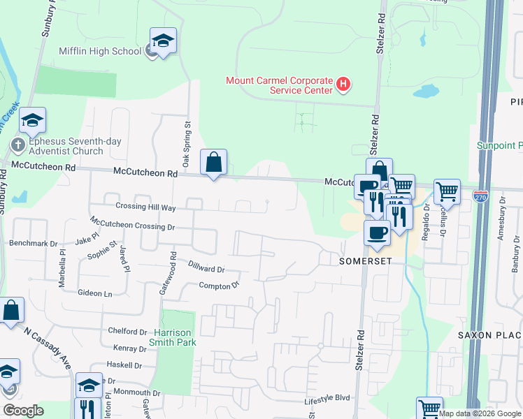 map of restaurants, bars, coffee shops, grocery stores, and more near 3588 Crossing Hill Way in Columbus