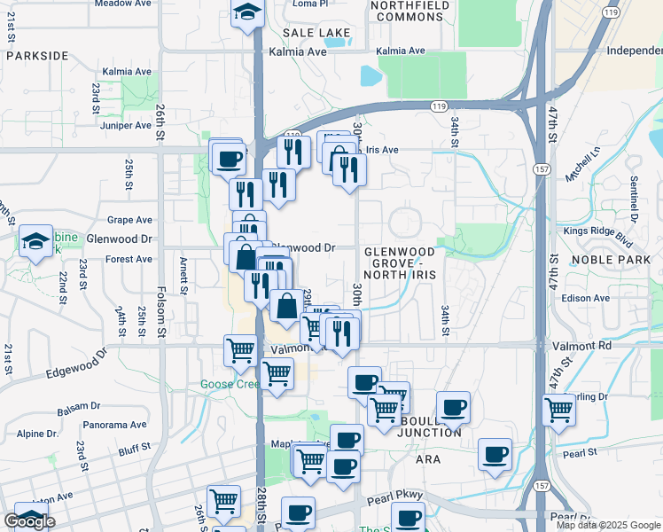 map of restaurants, bars, coffee shops, grocery stores, and more near 2930 Glenwood Drive in Boulder