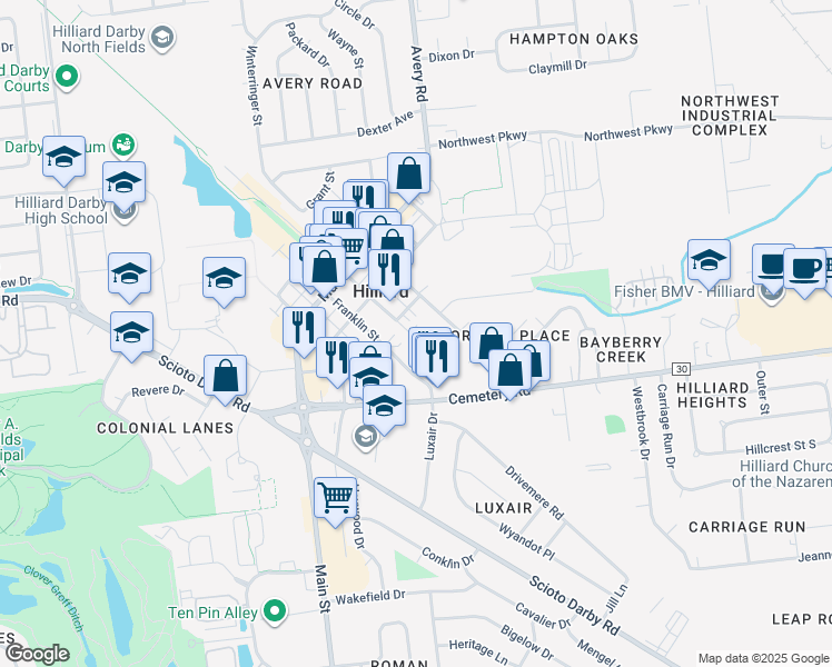 map of restaurants, bars, coffee shops, grocery stores, and more near 5250 Center Street in Hilliard