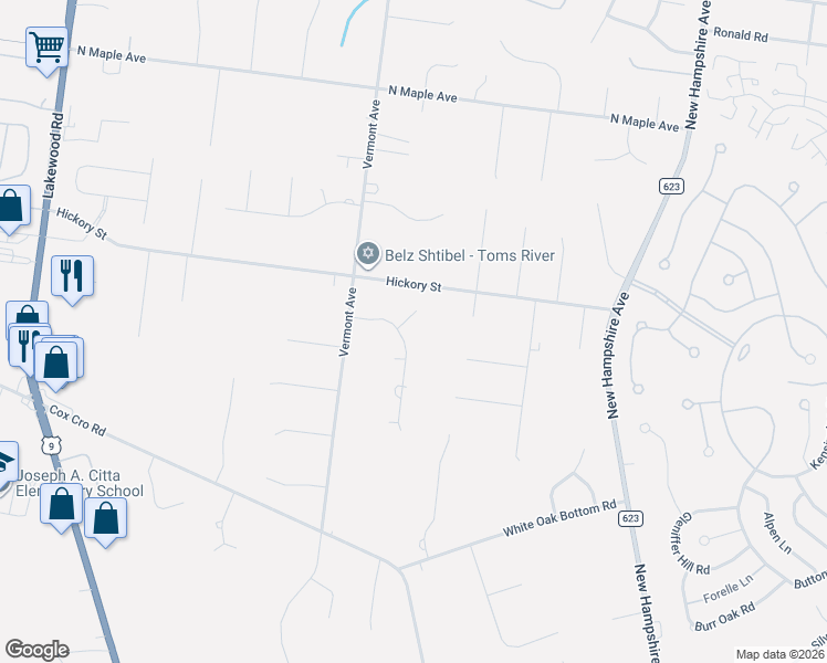 map of restaurants, bars, coffee shops, grocery stores, and more near 1281 Rolls Court in Toms River