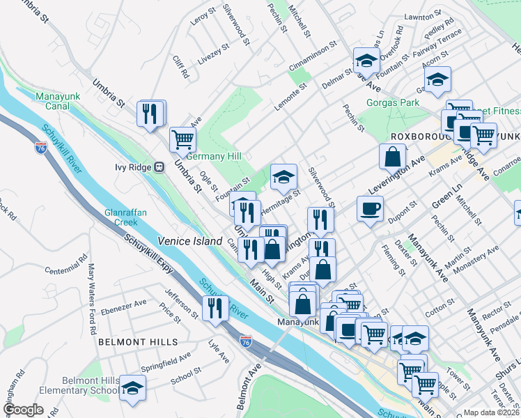 map of restaurants, bars, coffee shops, grocery stores, and more near 210 Hermitage Street in Philadelphia