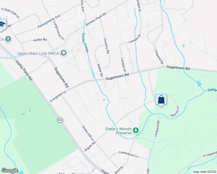 map of restaurants, bars, coffee shops, grocery stores, and more near 1352 Sugartown Road in Berwyn