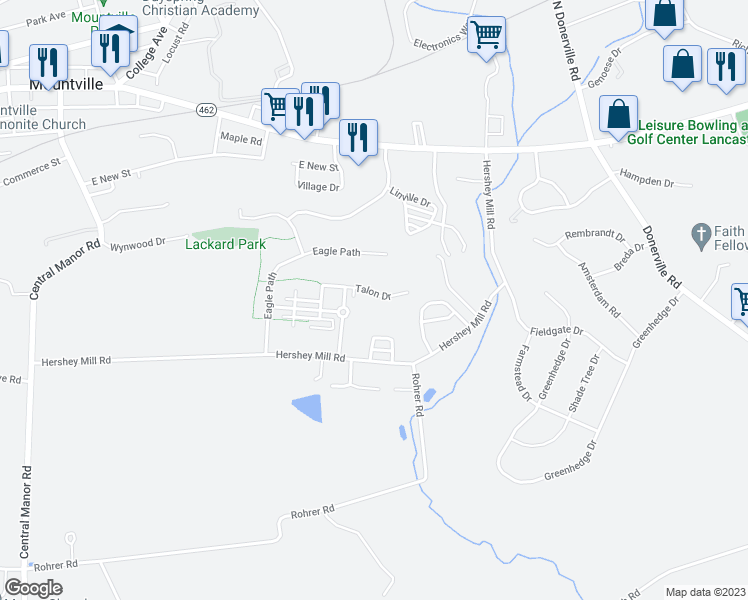 map of restaurants, bars, coffee shops, grocery stores, and more near 465 Talon Drive in Mountville