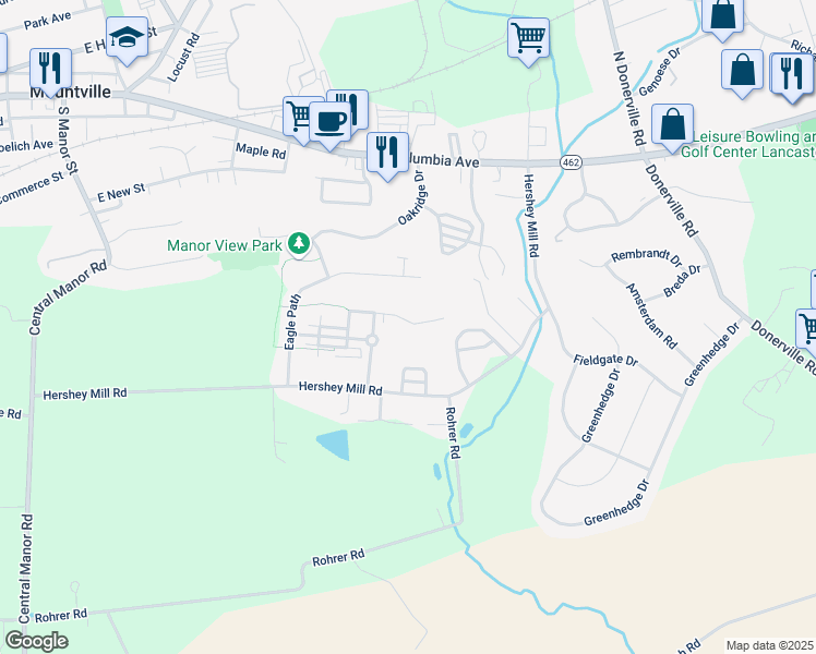 map of restaurants, bars, coffee shops, grocery stores, and more near 467 Talon Drive in Mountville